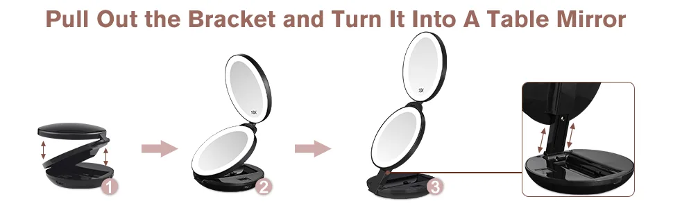KEDSUM Upgraded Rechargeable LED Lighted Travel Magnifying Mirror, 1X/10X Magnification Compact Makeup Mirror with Lights, Double Sided Folding Vanity Mirror, Daylight, Portable Black - product information 3
