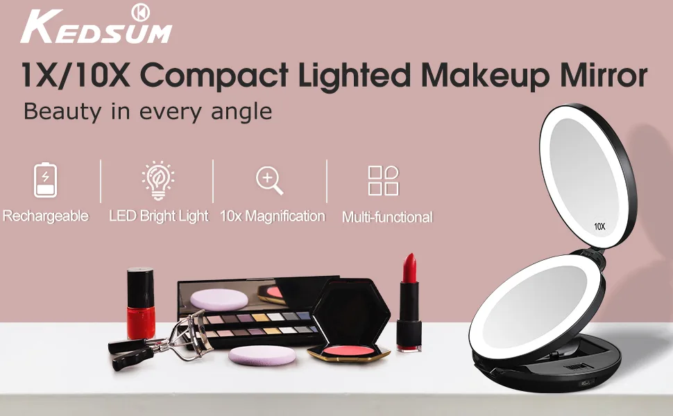 KEDSUM Upgraded Rechargeable LED Lighted Travel Magnifying Mirror, 1X/10X Magnification Compact Makeup Mirror with Lights, Double Sided Folding Vanity Mirror, Daylight, Portable Black - mirror