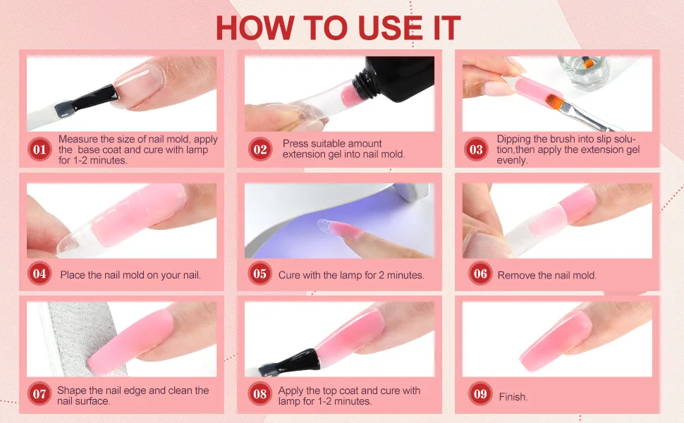 PEACECOLOR Poly Nail Gel Kit with U V Nail Lamp Starter Kit 10 Colours Nail Gel Builder Set with Slip Solution Base Coat Glossy Matte Top Coat Basic Poly Extension Gel Nail Art Tools for Beginner - nail steps