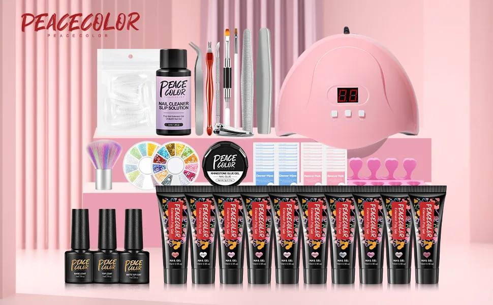 PEACECOLOR Poly Nail Gel Kit with U V Nail Lamp Starter Kit 10 Colours Nail Gel Builder Set with Slip Solution Base Coat Glossy Matte Top Coat Basic Poly Extension Gel Nail Art Tools for Beginner - poly GEL NAIL KIT