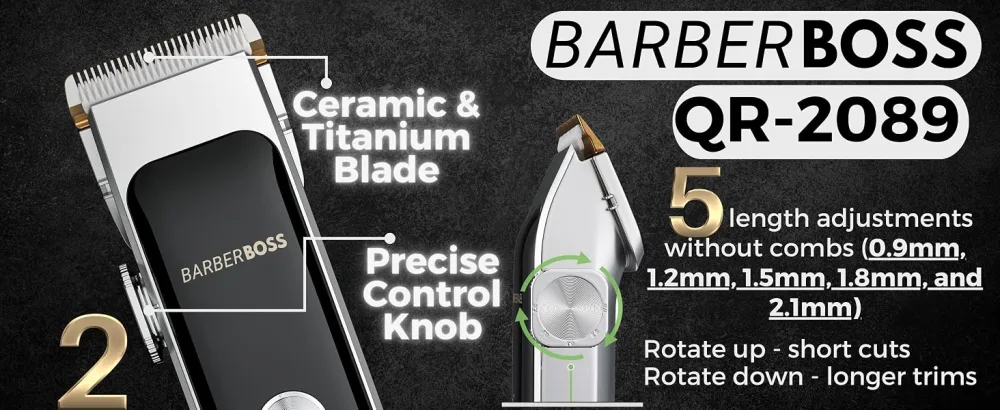 BarberBoss Professional Facial Trimmer Beard Trimmer Men Hair Clipper Compact Design Precision Control Dial 2 Speed Settings USB Charge Ceramic & Titanium Blade LED Display QR-2089 - QR-2089