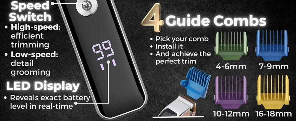 BarberBoss Professional Facial Trimmer Beard Trimmer Men Hair Clipper Compact Design Precision Control Dial 2 Speed Settings USB Charge Ceramic & Titanium Blade LED Display QR-2089 - QR-2089