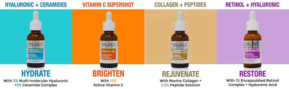 Balance Active Formula Collagen + Peptides Double Booster (30ml) - Formulated with Marine Collagen + a 2.5% Peptide Solution Known to Reduce fine Lines & Wrinkles - Gold & Marine Collagen