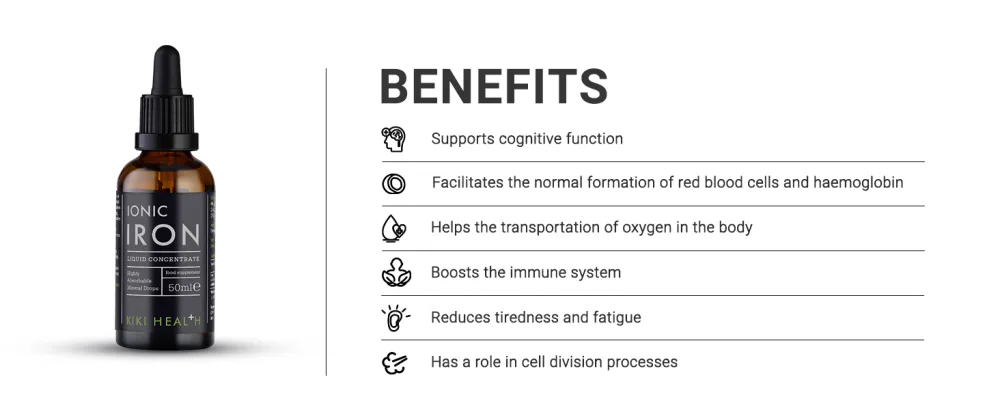 KIKI Health - Ionic Iron Liquid High Concentration Drops - 5mg Iron per Serving - 100% Natural Minerals for Optimal Mineral Balance - 50 millilitres - Ionic Iron key benefits