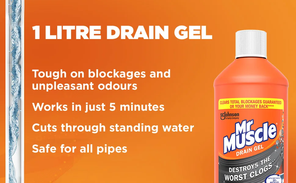 Mr Muscle Drain Unblocker Sink & Drain Cleaner Fast Acting Heavy Duty Drain Gel Dissolves Clogs Works 3x Better Than Bleach Safe for All Pipes 1L - mm drain