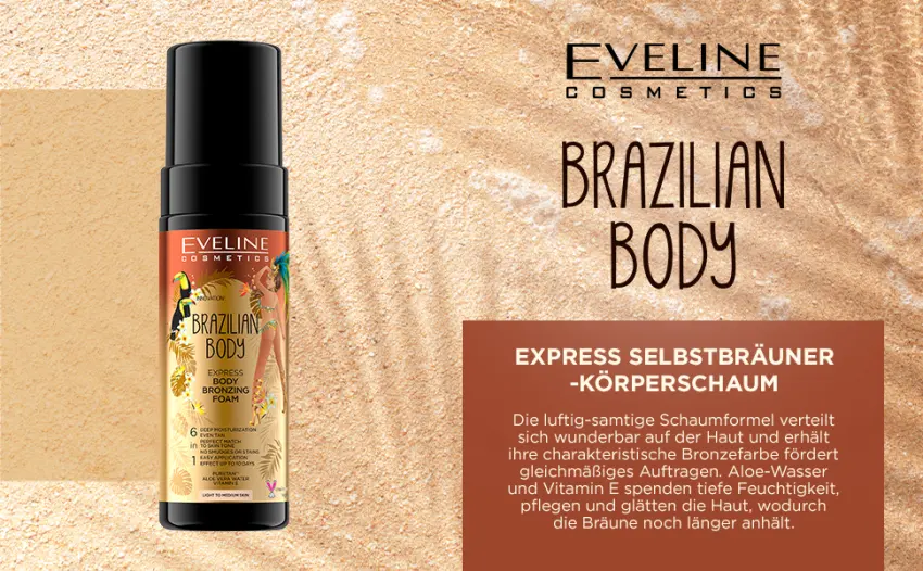 Eveline Cosmetics Express Self Tanning Foam for the Body - Achieve a Natural Year-Round Glow with Aloe Water & Vitamin E 150 ml - brazilian body