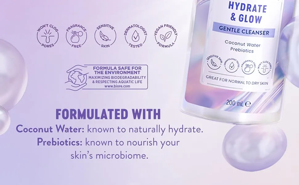 Biore Hydrate and Glow Cleanser - Made with coconut water and prebiotics