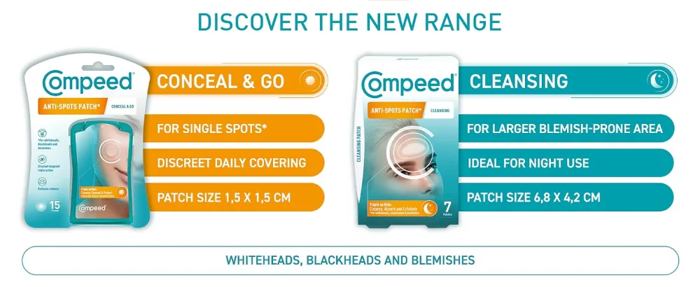 Compeed - Anti-Spots* Conceal & Go Patch - Cleanse Conceal and Protect Hydrocolloid Spots patches* Pimple patches - Ideal for discreet day use For single spots* - 15 Patches - Compeed pimple patches