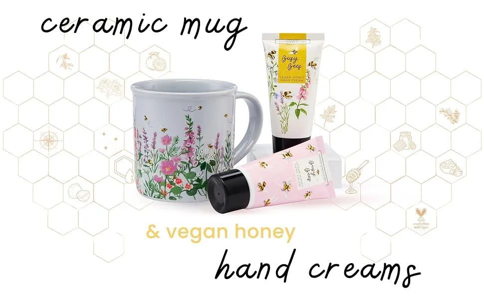 Heathcote & Ivory Busy Bees Giftable Mug Set | 2x50ml Hand Cream and Ceramic Mug Keep Hands Soft and Scented | Cruelty Free & Vegan Friendly | Travel Friendly Sizes - Heathcote &amp; Ivory Busy Bees Mug Set