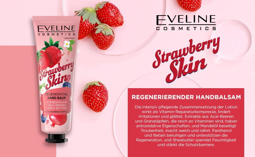 Eveline Hand Balm Cream Strawberry Moisturising Smooth Skin Care - 50ml - hand balm