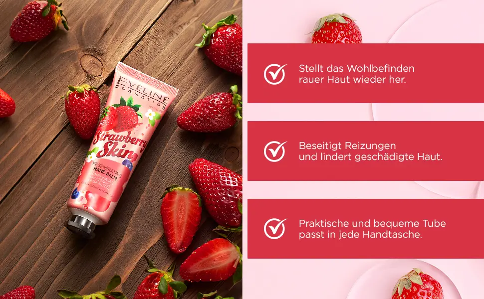 Eveline Hand Balm Cream Strawberry Moisturising Smooth Skin Care - 50ml - hand balm
