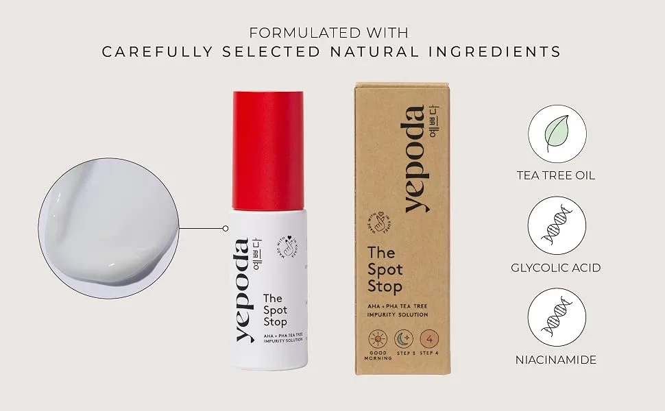 Yepoda - THE SPOT STOP - AHA + PHA Solution for Blemishes with Tea Tree Oil Korean cosmetics (20 ml) - SPOTSTOP Ingredients