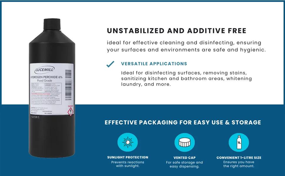 Lucemill Hydrogen Peroxide 6% Food Grade I 1 Litre I Liquid Hydrogen Peroxide Food Grade I Unstabilised I Eco Friendly I Additive Free - Lucemill 1000ml Hydrogen Peroxide 6% Pure Food Grade, Unstabilized & Additive Free