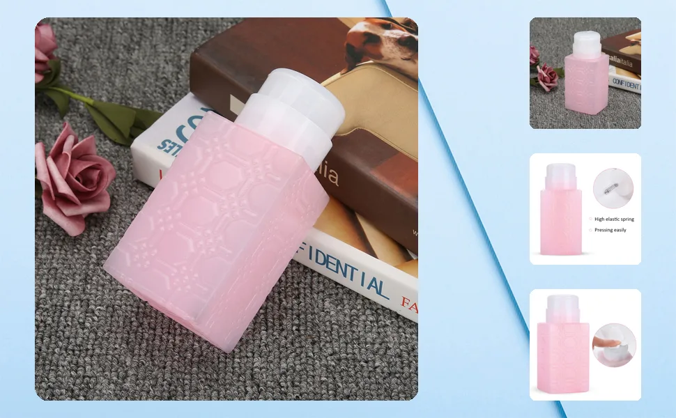 Nail Polish Remover Pump Dispenser 250ml Push Down Pump Dispenser Bottle Empty Bottle Nail Polish Remover Liquid Container for Makeup Remover Nail Art(Square pink) - Nail Polish Remover Pump Dispenser