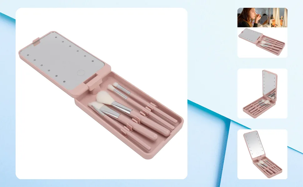 KKPLZZ Makeup Brush Set with Mirror Multifunctional Cosmetic Brushes Kit with Rotatable Foldable LED Mirror for Home Dormitory Travel - 1410240008711-1