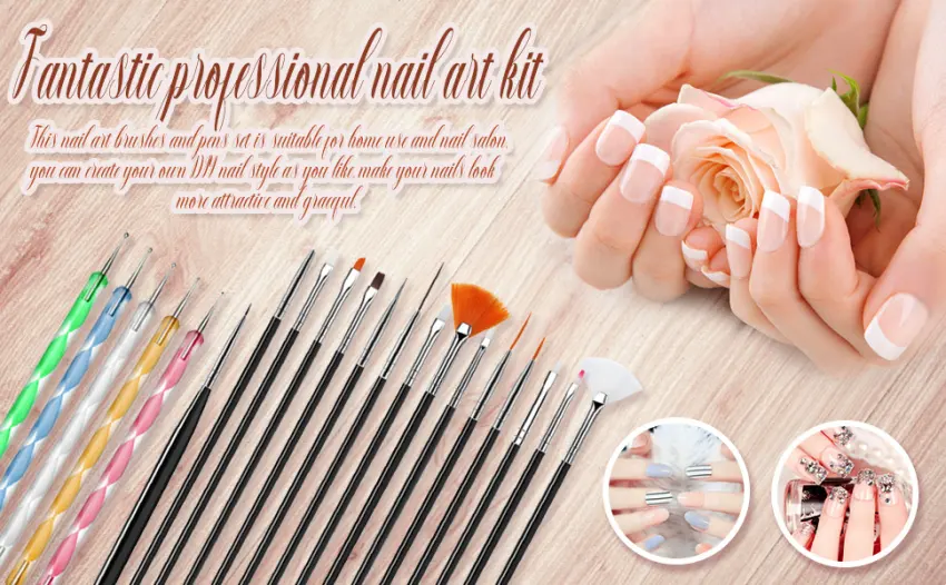 JOYJULY 20pcs Nail Art Design Tools, 15pcs Painting Brushes Set with 5pcs Dotting Pens, BLACK  Black Brushes with Dotting Pens - product information 2