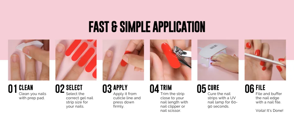 NAILOG Semi Cured Gel Nail Strips (20 Extra Long Nail Stickers) | Glossy & Long Lasting Soft Gel Finish Nail Wrap| Ruby Nebula - Fast simple application