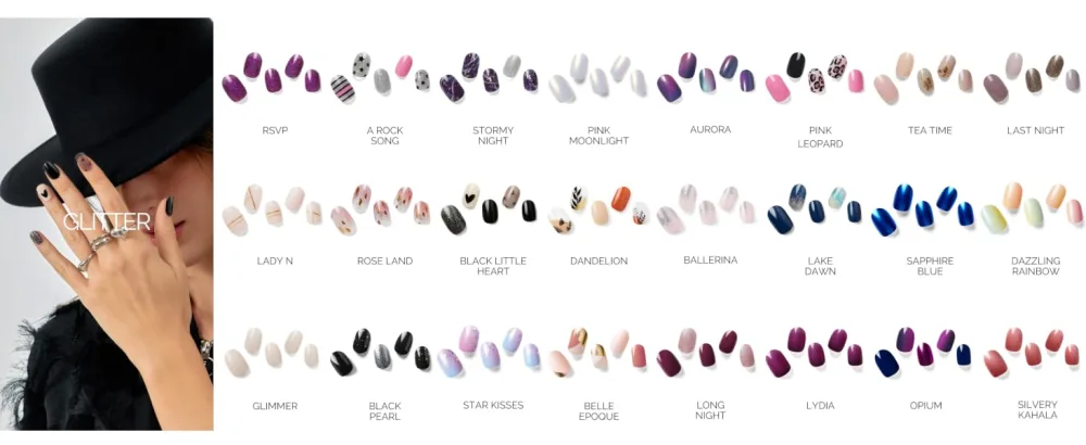 NAILOG Semi Cured Gel Nail Strips (20 Extra Long Nail Stickers) | Glossy & Long Lasting Soft Gel Finish Nail Wrap| Ruby Nebula - Glitter