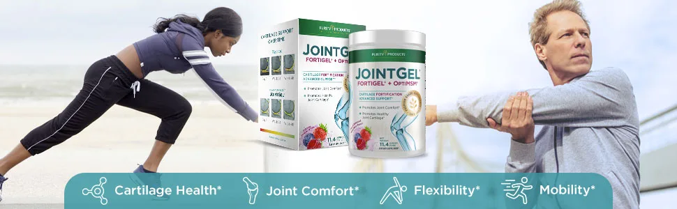JointGel Formula - Purity Products - Collagen Peptides + MSM - Supports Joint Flexibility + Fortify Joint Cartilage - Berry Powder - 30 Day Supply - showing jointgel product with active people stretching and working out
