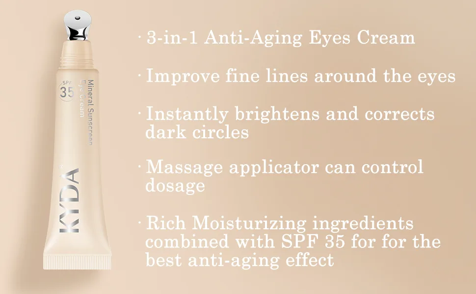 KYDA Mineral Sunscreen Eye Cream Tan SPF 35 Undereye Brightener Concealer Full Coverage Eyes Primer Controlled Applicator Blendable Formul  - eye cream