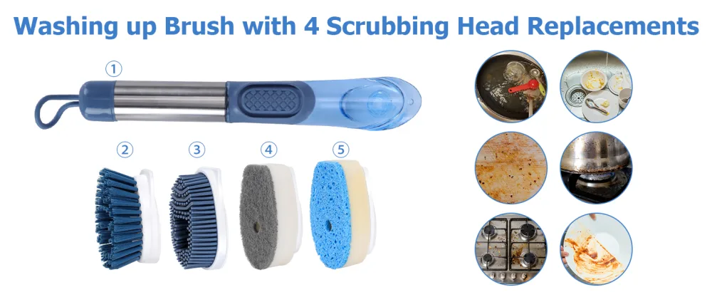MASTERTOP Dish Scrubber Brush Set Soap Dispensing Dish Brush with 4 Multi-functional Heads & Handle Washing Up Brushes Sponge for Pot Pan Dish Sink Kitchen Cleaning - Blue - Soap Dispensing Dish Brush