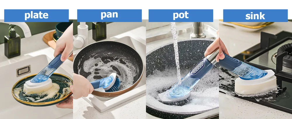 MASTERTOP Dish Scrubber Brush Set Soap Dispensing Dish Brush with 4 Multi-functional Heads & Handle Washing Up Brushes Sponge for Pot Pan Dish Sink Kitchen Cleaning - Blue - Soap Dispensing Dish Brush