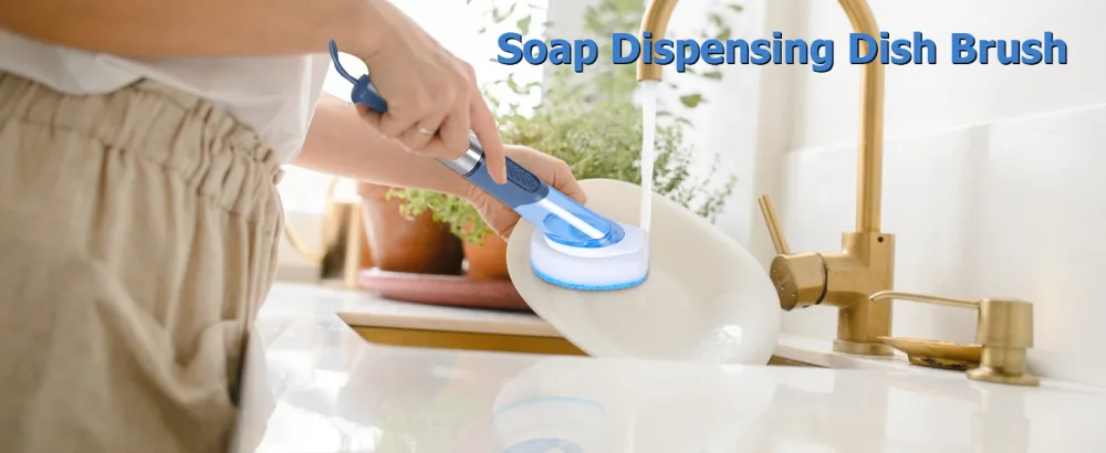 MASTERTOP Dish Scrubber Brush Set Soap Dispensing Dish Brush with 4 Multi-functional Heads & Handle Washing Up Brushes Sponge for Pot Pan Dish Sink Kitchen Cleaning - Blue - Soap Dispensing Dish Brush