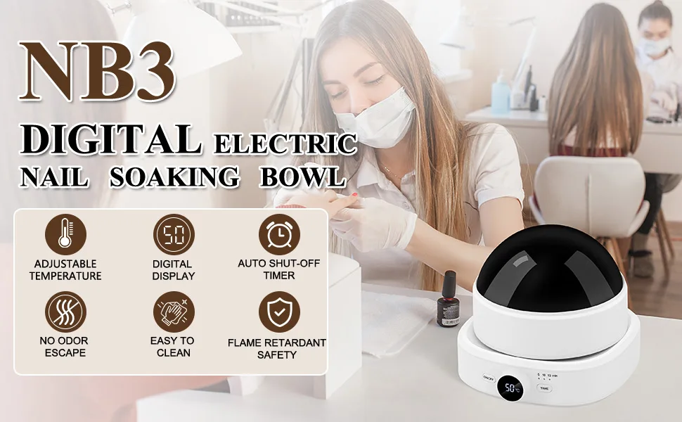 Electric Nail Soaking Bowl Adjustable Temperature and Display Soak off Gel Polish Dip Powder Remover Manicure Bowl with Timer Setting - nail soak off bowl