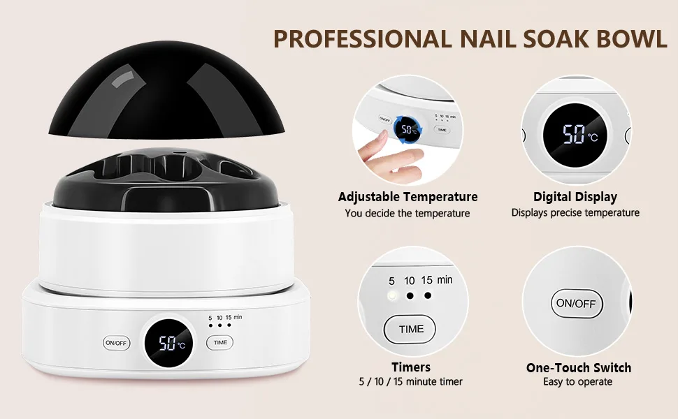 Electric Nail Soaking Bowl Adjustable Temperature and Display Soak off Gel Polish Dip Powder Remover Manicure Bowl with Timer Setting - nail soak off bowl
