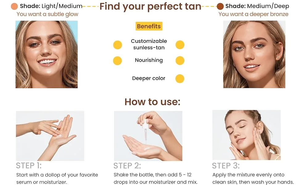 JOAH Self Tanner, Sun & Seoul Golden Daze Sunless Tanning Drops, Moisturizing Self Tanning for Face & Body, Vegan & Cruelty-Free, Medium/Deep 30ml Medium Deep - Before and AFter
