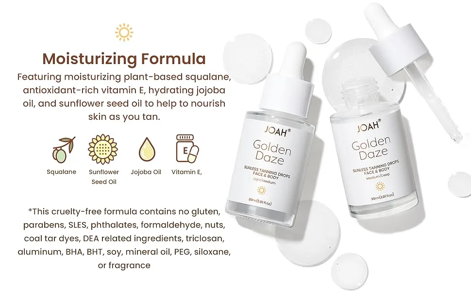 JOAH Self Tanner, Sun & Seoul Golden Daze Sunless Tanning Drops, Moisturizing Self Tanning for Face & Body, Vegan & Cruelty-Free, Medium/Deep 30ml Medium Deep - Tanning Drops