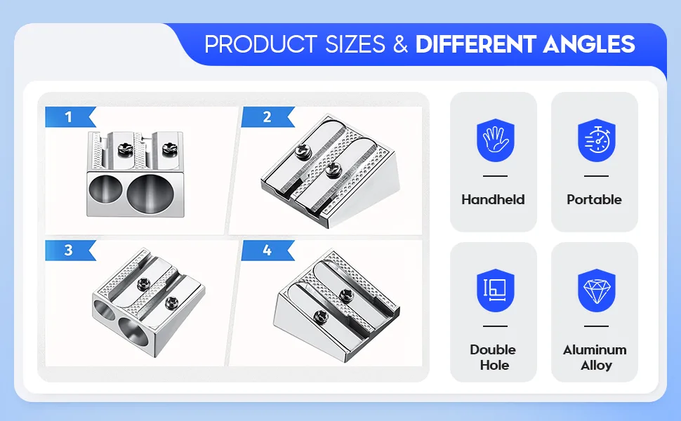 Metal Pencil Sharpener Double Hole Pencil Sharpeners for School Handheld Aluminum Alloy Sharpener Pocket Size Pencil Sharpener for Most Size Pencils(8 Pieces) - product information 2