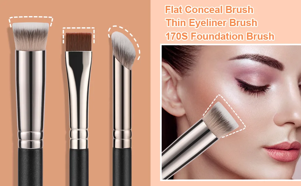 TEOYALL Concealer Brush Set Flat Top Blush Brush Angled Nose Contour Brush Ultra-Thin Eyeliner Eyebrow Brush for Flawless Finish 370S/Flat Top/Thin Flat - angled concealer brush