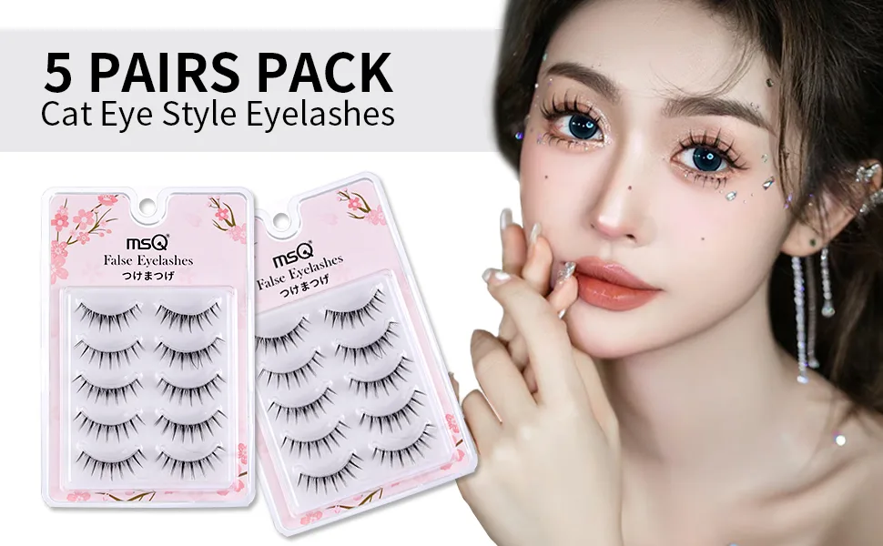 MSQ 5 Pairs Natural Lashes Wispy Lashes Natural Look False Eyelashes Natural Flared Eyelashes False Eye Lashes Soft Fluffy Lashes Black - product information 1