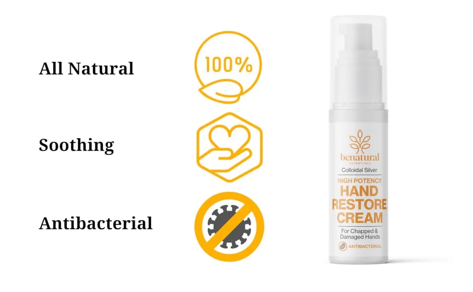 Benatural Essentials All Natural Colloidal Silver Hand Restore Cream 50g | Antibacterial | Made in the UK | pH Balanced - BN BENEFITS