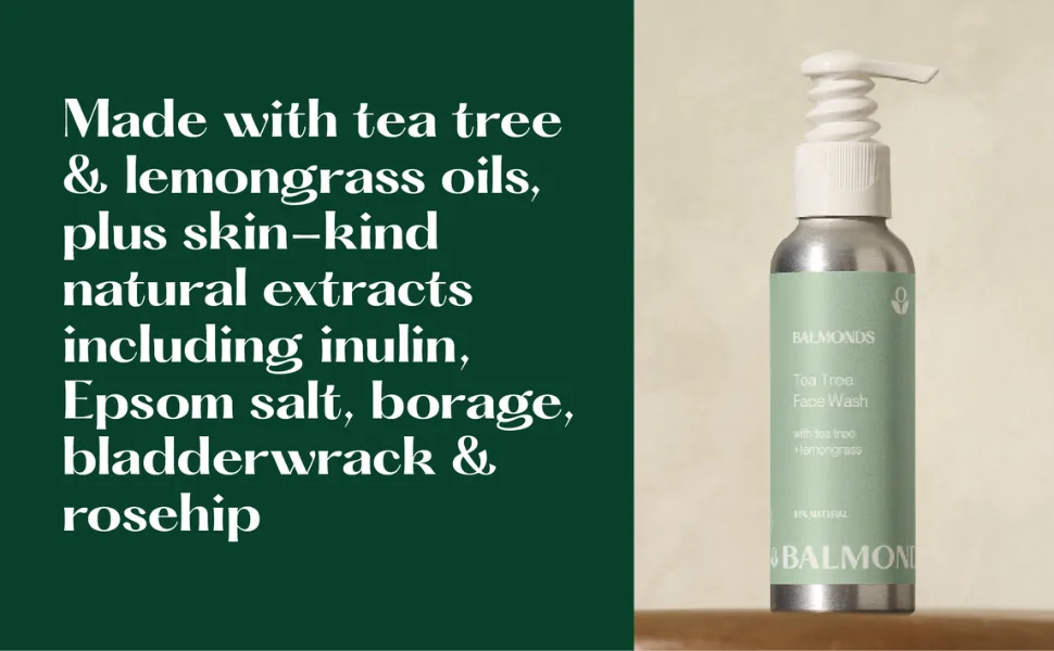 Balmonds Tea Tree Face Wash - 99% Natural Foaming Cleanser with Lemongrass for Sensitive Breakout-Prone Skin Vegan Paraben-Free 125ml - main ingredients: lemongrass oils, tea tree, epsom salts, borage, bladderwrack and rosehip