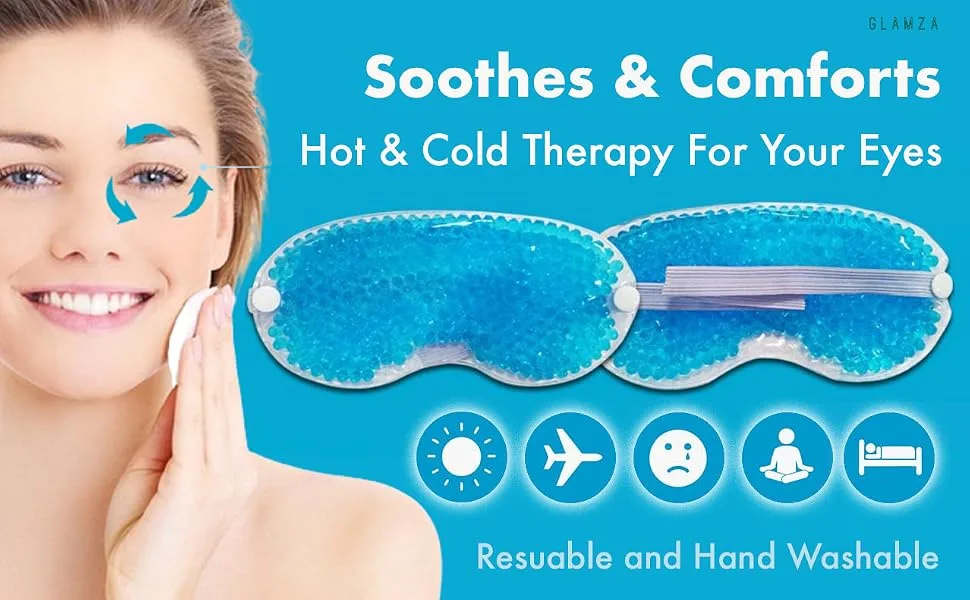 Cooling Eye Mask GLAMZA Reusable Hot Cold Gel Bead Eye Mask for Dark Circles Puffy Eyes Migraine Headache - Blue - product information 1