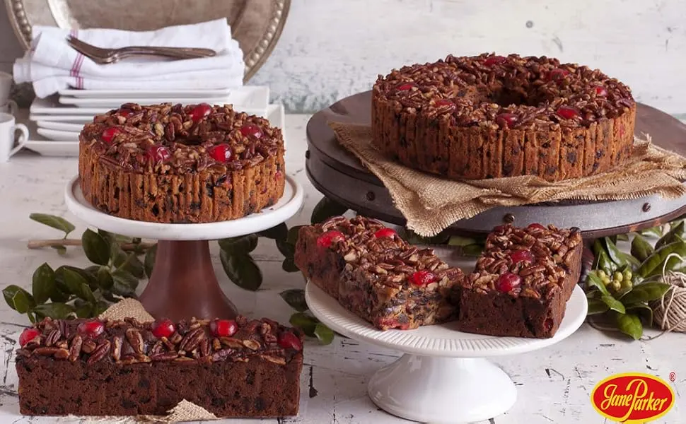 Jane Parker Fruitcake Bourbon & Rum Fruit Cake 3 Pound (48 Ounce) Ring in a Collectible Holiday Tin - Jane Parker Displayed Cakes