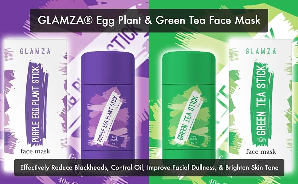Green Tea Face Mask & Egg Plant Face Mask GLAMZA Purifying Green Mask Stick & Eggplant Mask Stick for Deep Cleansing Blackhead Control - mask stick
