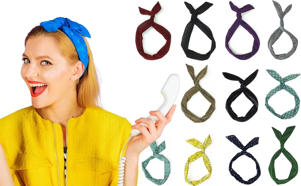Lizzy Wired Hair Headband | Retro Rockabilly Adjustable Plain & Printed Wire Headbands Hair Accessory Head Wrap Vintage Various Colour & Designs - Wired Hairband