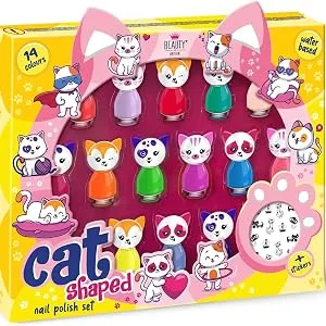 Cat Shaped Water-Based Nail Polish Set beauty4britain 14 Colours Quick Dry Peel Off Cat Nail Stickers Included Display Gift Box - display box