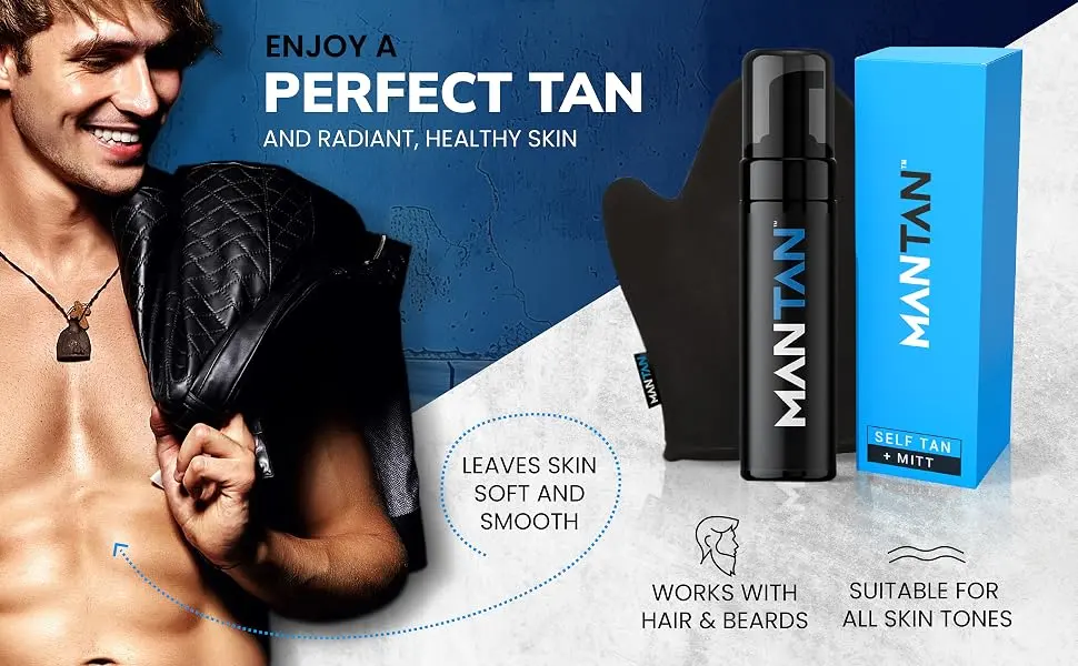Fake Tan for Men - Clear Medium Shade Mousse - Aftershave Scented Self Tanner Tan Bronzer For Man by MANTAN - self tan for men works with all skin tones