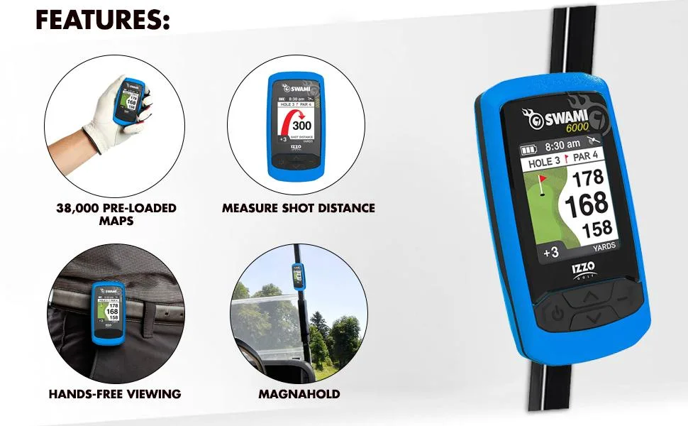 Izzo Swami 6000 Handheld Golf GPS Water-Resistant Color Display with 38,000 Course Maps & Scorekeeper 6000 - Blue - Features Banner
