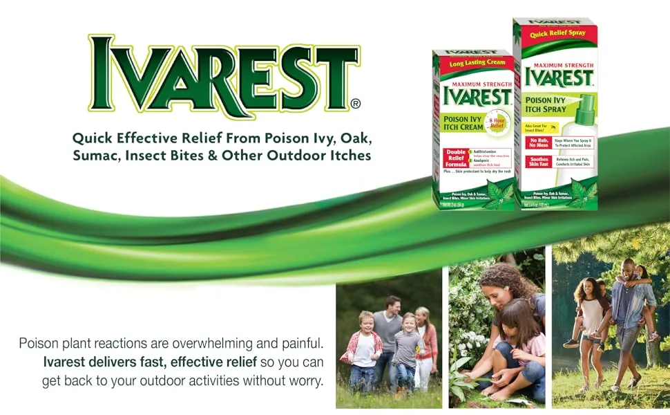 Ivarest Poison Ivy Itch Spray, 3.4 Fl Oz (1) - Ivarest brand logo and packaging with pictures of families outdoors