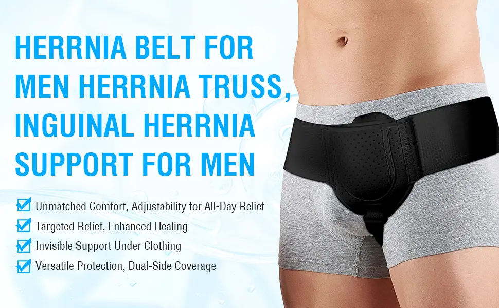 Hernia Support belt for men and Women - Post Surgery Inguinal Hernia Support Truss for Inguinal with Adjustable Waist Strap and Removable Compression Pads Left and Right Wearable (Black) - product information 1