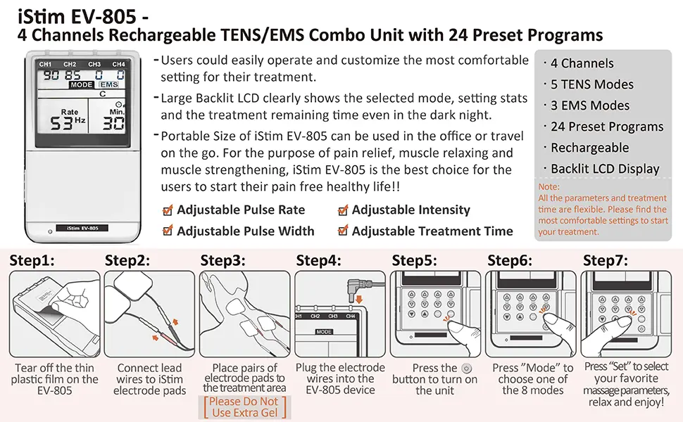 iSTIM EV-805 TENS EMS 4 Channel Rechargeable Combo Machine Unit - Muscle Stimulator + Back Pain Relief and Management- 24 Programs/Backlit (Including Electrodes Pads) - product information 3