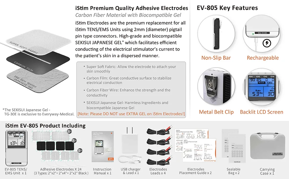 iSTIM EV-805 TENS EMS 4 Channel Rechargeable Combo Machine Unit - Muscle Stimulator + Back Pain Relief and Management- 24 Programs/Backlit (Including Electrodes Pads) - product information 4