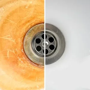 Iron OUT Powder Rust Stain Remover, Remove and Prevent Rust Stains in Bathrooms, Kitchens, Appliances, Laundry, and Outdoors, white, 4.75 lbs. - Rust stained sink before and after