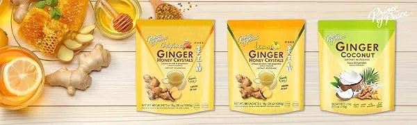 Instant Ginger Honey Crystals Family Value Pack 60 Sachets 18g per Sachets ( Total 38oz/ 1080g ) By Prince of Peace - PoP Ginger Crystals Banner 2