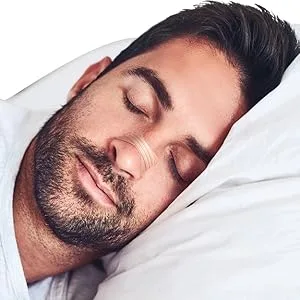 Instaclear Extra-Strength Nasal Strips, Tan 50 ct | Works Instantly, Breathe Better, Nasal Congestion Relief, Stops Snoring, Cold & Allergy, Extra Strength Tan - man sleeping with nasal strip